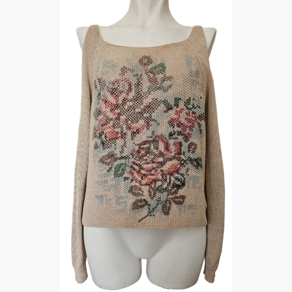 Zio Floral Pattern Biege with Gold thread, Open shoulders Sweater Size L